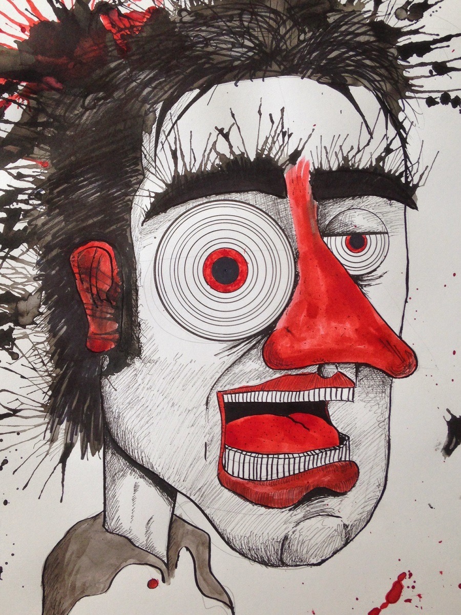 Ink splatter self portrait of Lee with a large red nose and messy eyebrows.