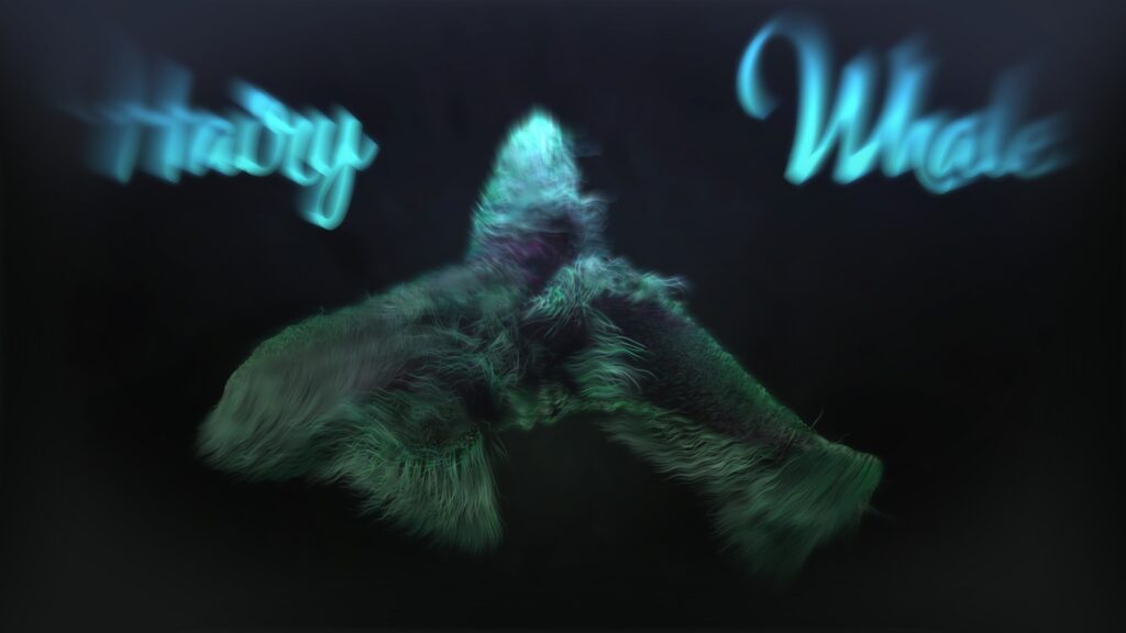 A hairy green whale rendered in 3D