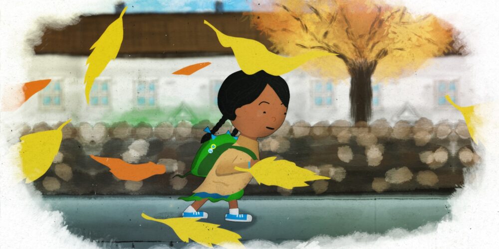 A cartoon girl walking to school in autumn past flying leaves and houses.