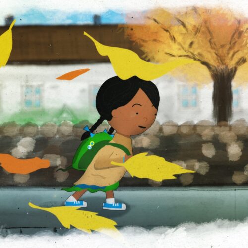 A cartoon girl walking to school in autumn past flying leaves and houses.