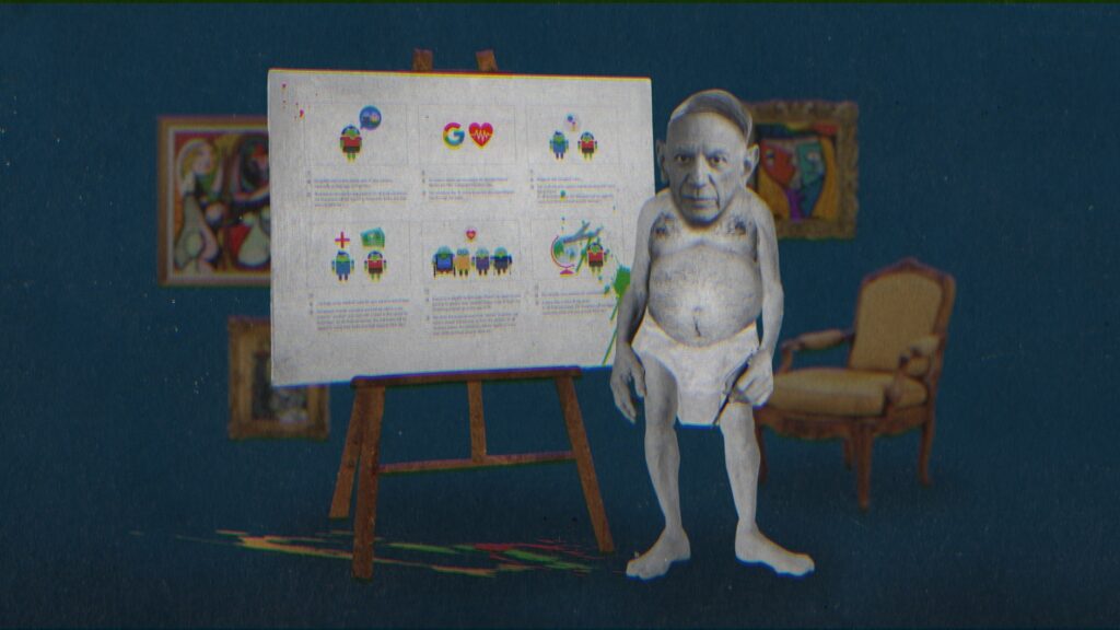 Picasso standing almost naked with just white pants on next to a storyboard mounted on an easel.