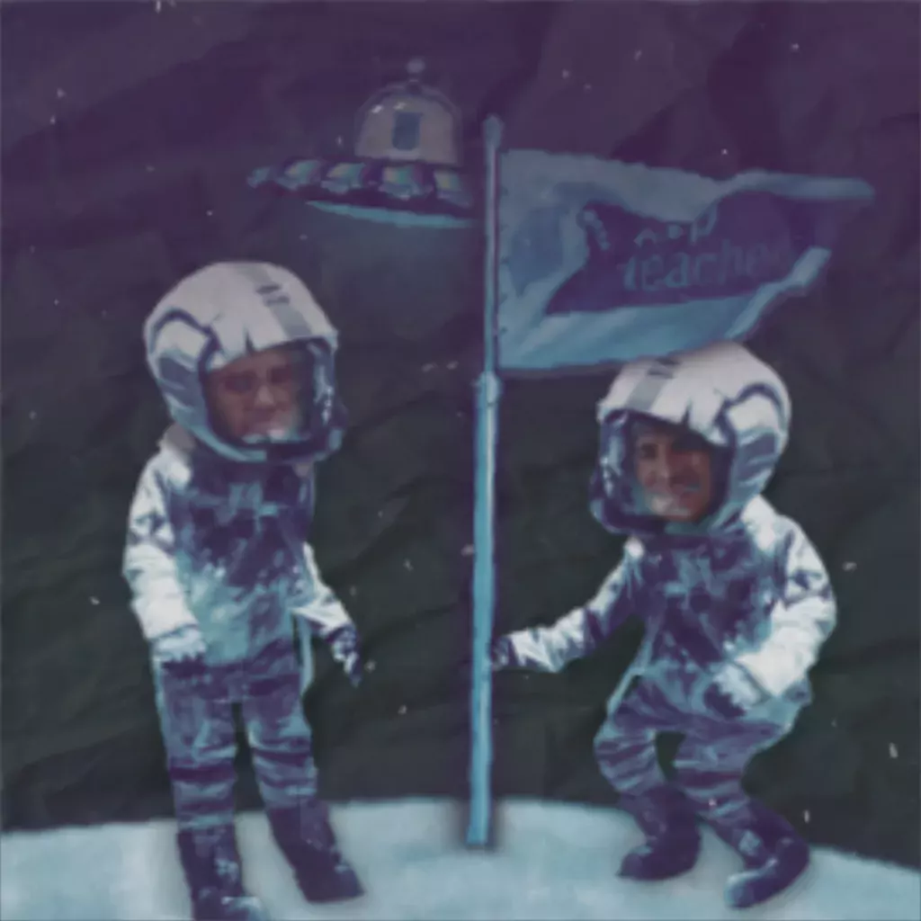 Men on the Moon planting a flag with the step teachers logo on it. A UFO in the background.