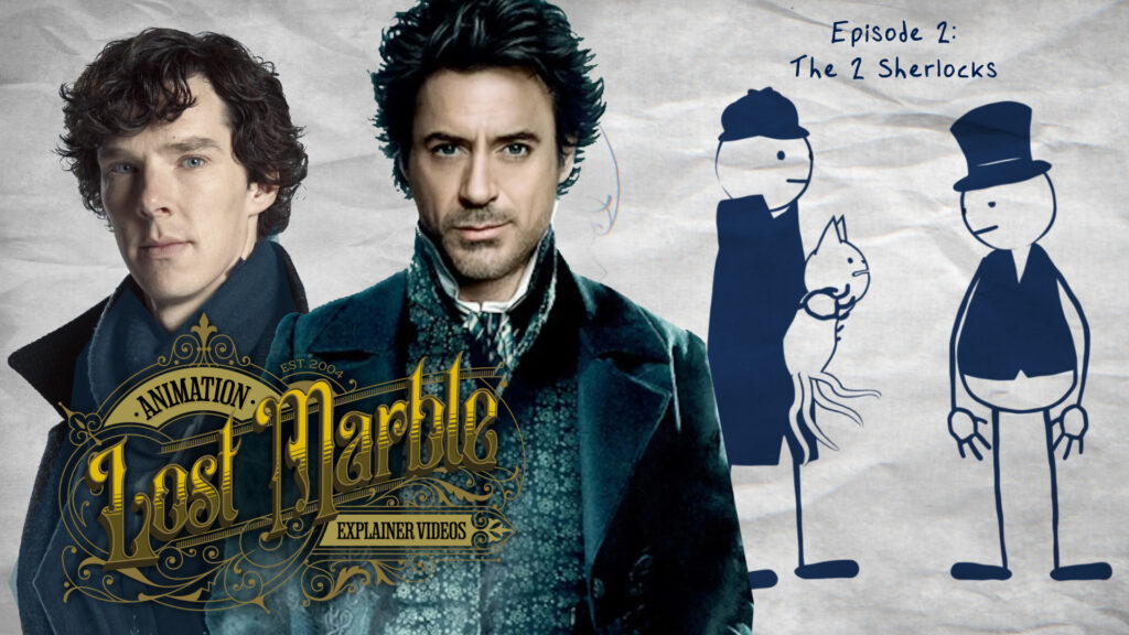 Two Sherlocks, Benedict Cumberbatch and Robert Downey Jr. along with two stickman cartoon interpretations of Sherlock Holmes and Watson as a cat.