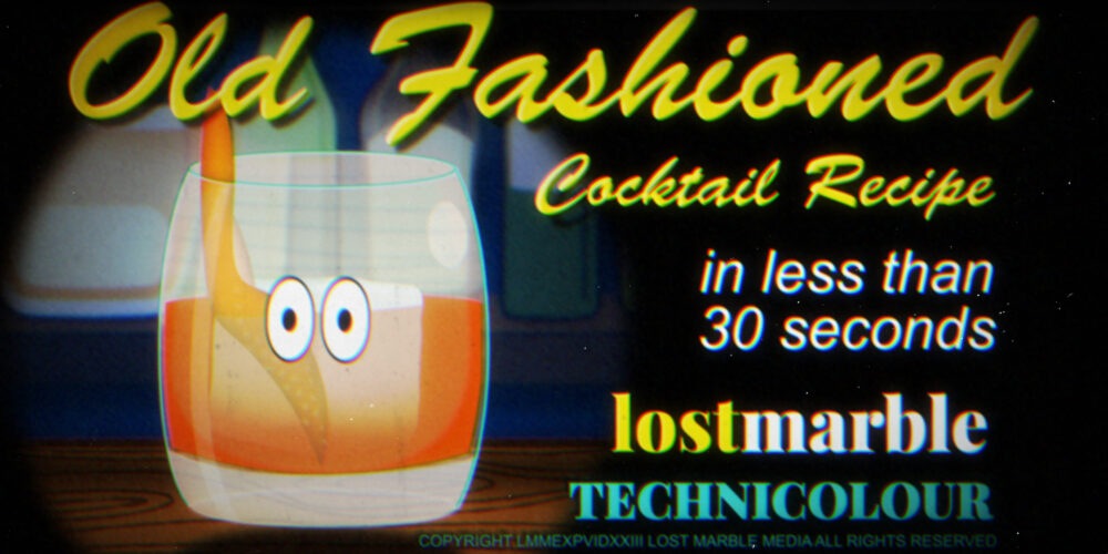 A video thumbnail for an Old Fashioned whiskey cocktail recipe showing a lowball glass with cartoon eyes.