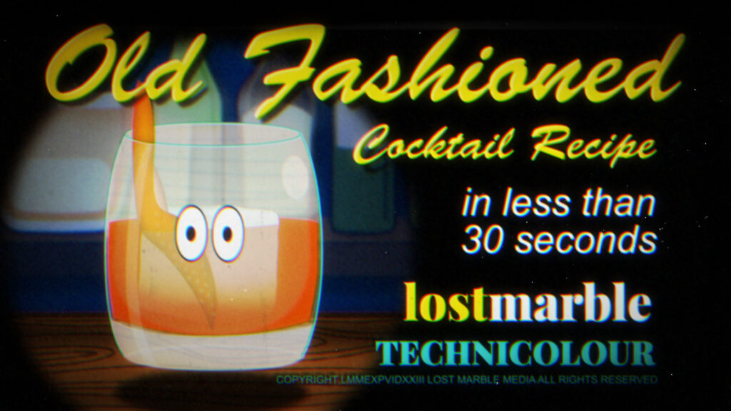 A video thumbnail for an Old Fashioned whiskey cocktail recipe showing a lowball glass with cartoon eyes.