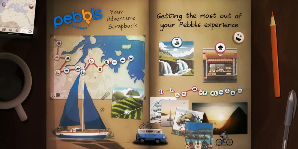Thumbnail for the Pebbls explainer video. A guide book with photos of adventures, sailboats, a van, a man cycling and the Pebbls logo.