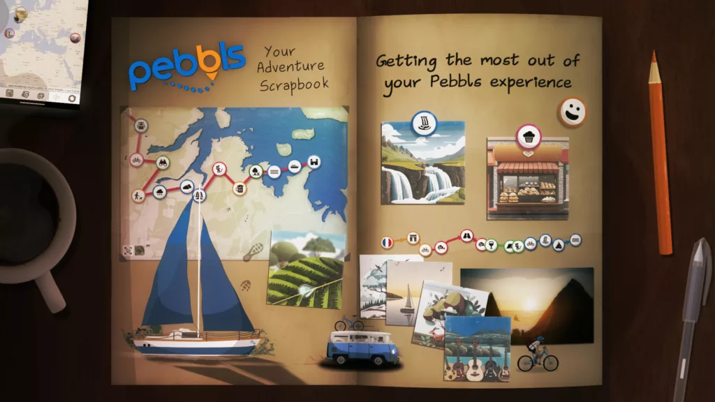 Thumbnail for the Pebbls explainer video. A guide book with photos of adventures, sailboats, a van, a man cycling and the Pebbls logo.