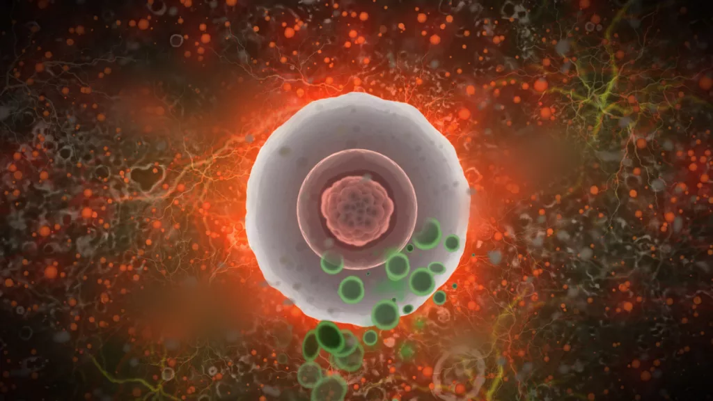 A human cell glowing with health. Thumbnail for an animated explainer video about the stress of modern life on the human body.